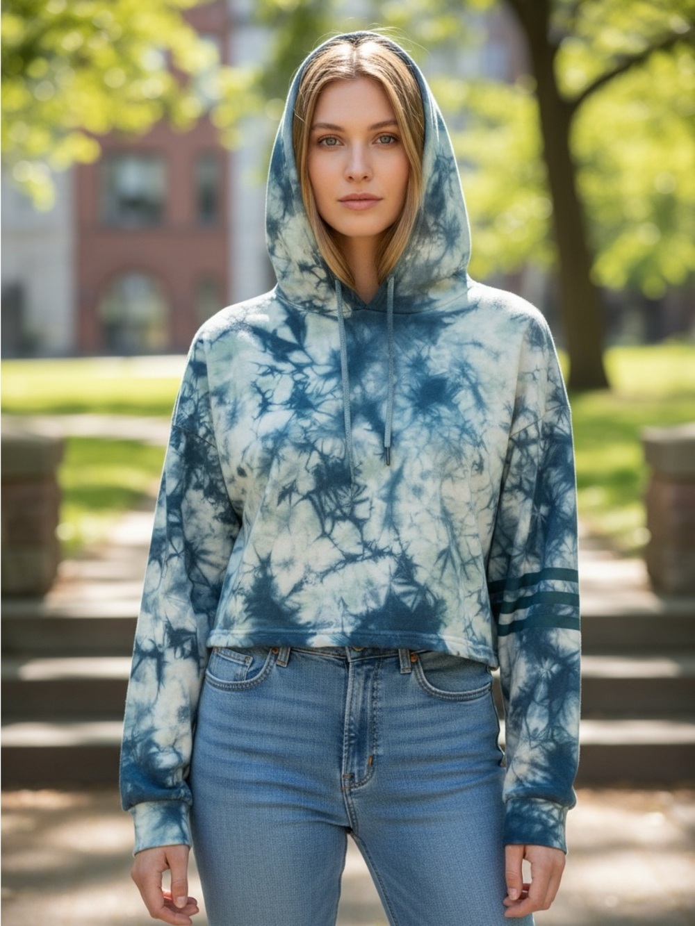 Dance Marvel Cropped Hooded Sweatshirt Blue Tye Dye Sz S NWT